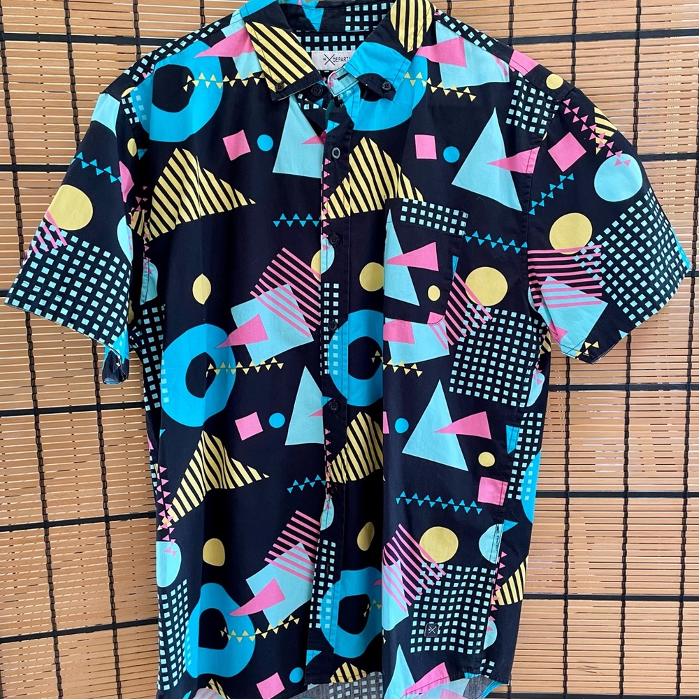 Casual Blue and Pink Geometric Button Down Shirt